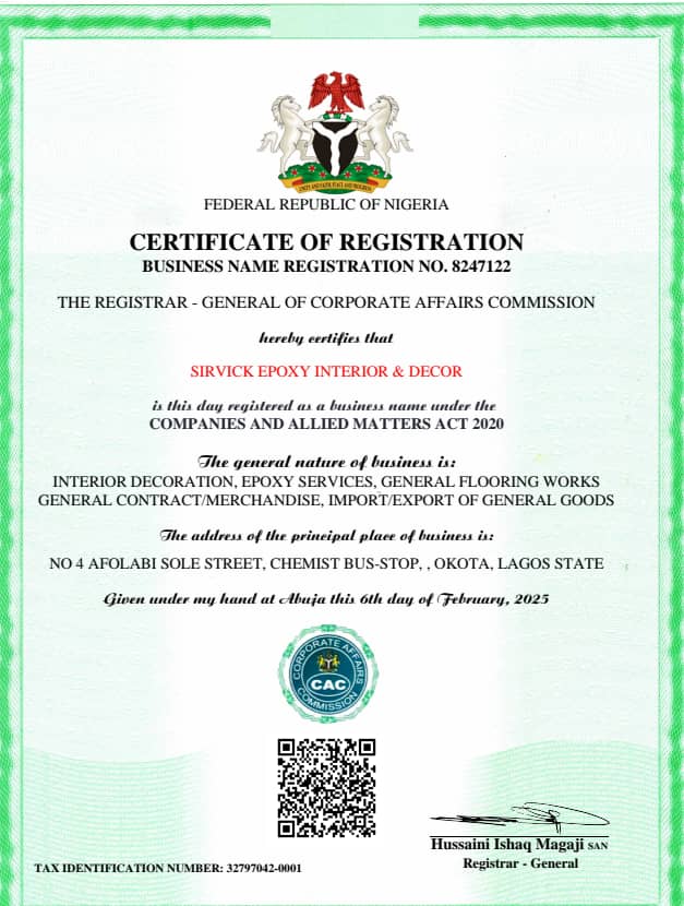 Sirvick CAC registration certificate